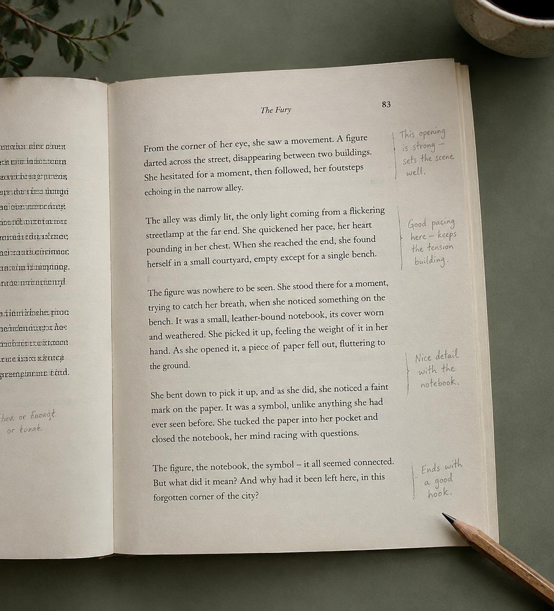 Open manuscript with handwritten pencil margin notes